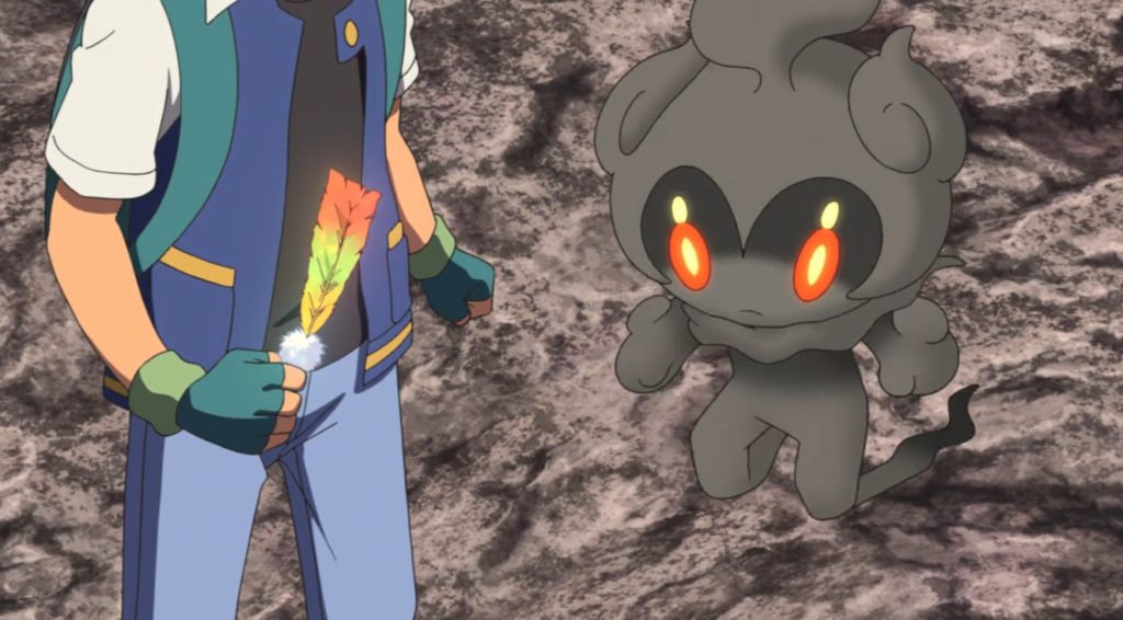 marshadow looking at ash's feather