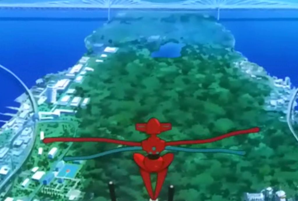 Deoxys looking down at the city