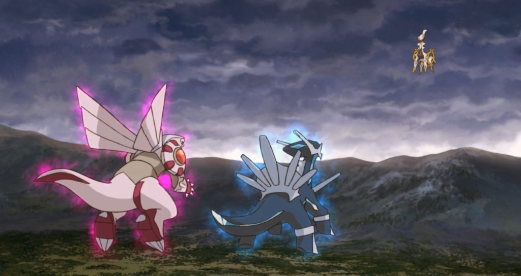 Dialga and Palkia trying to stop arceus together